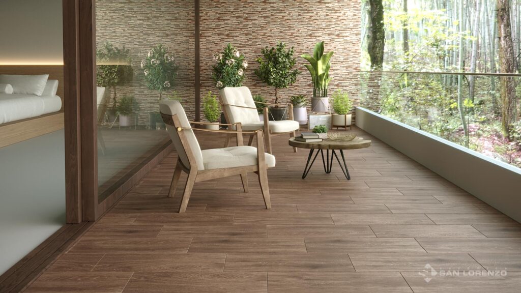 Ceramica San Lorenzo 20x61 Parketon Golden 27x45 - Harmory Beige Terraza Ambiente